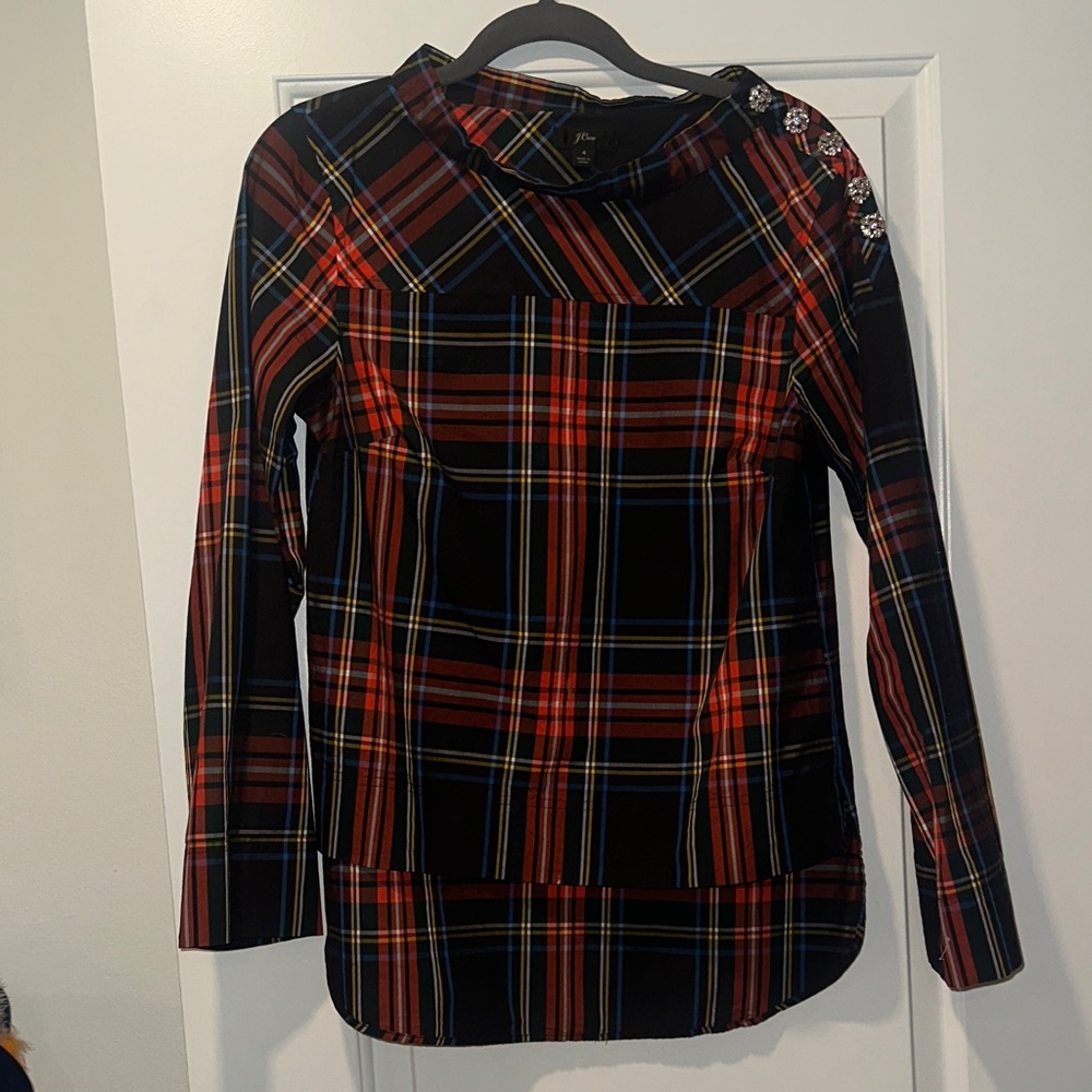 Summer Sale - J. Crew Plaid Embellished Shoulder Long-Sleeve Top